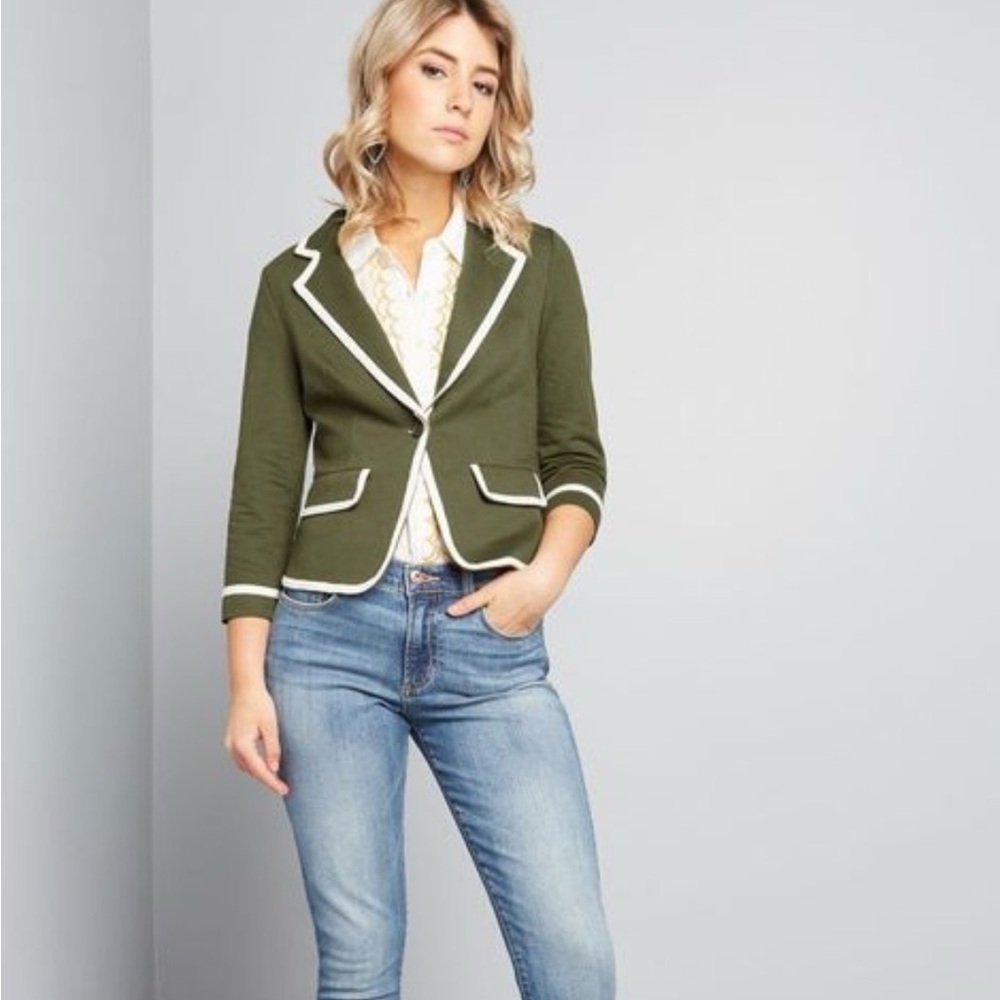 Modcloth Blazer Women XS Green Single Breasted Jacket Cream Piping Single Button
